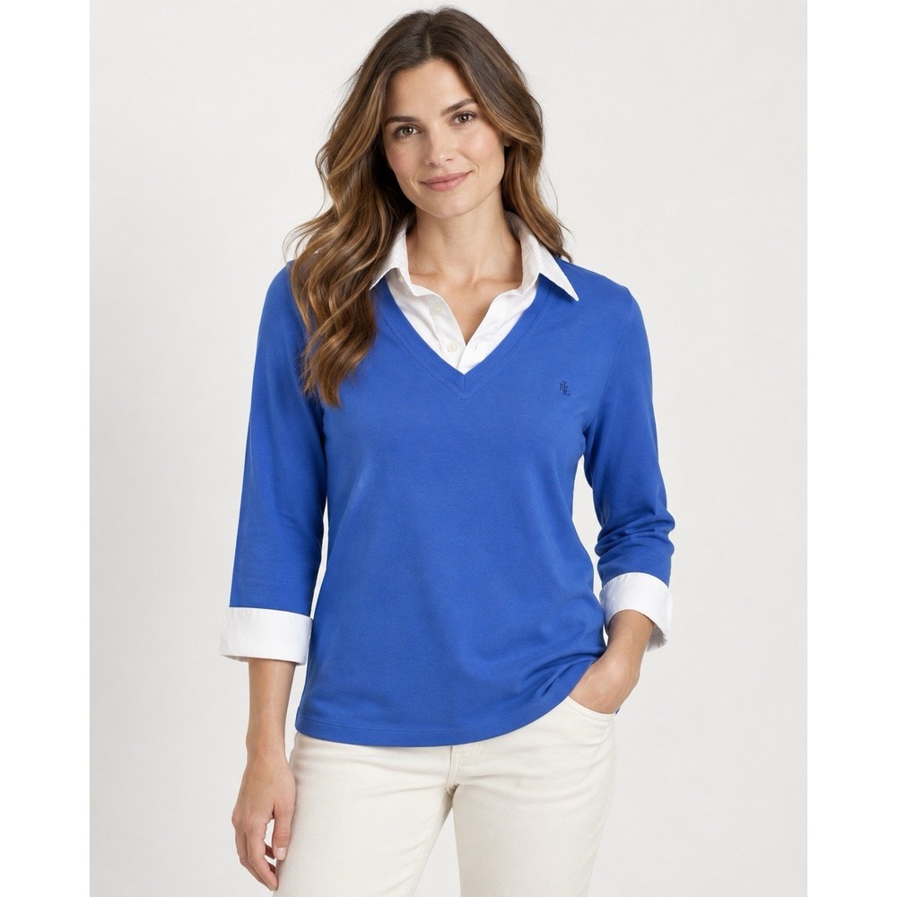 Lauren Ralph Lauren Blue Faux Layered Collared Top Womens L V Neck 100% Cotton
